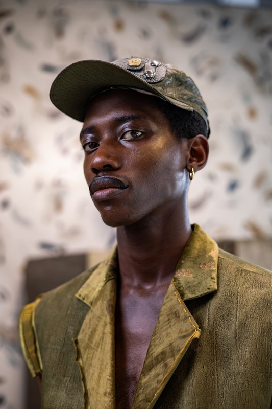 Moldavite Green Ostrich Leather Cap with Ostrich Shin Tabs