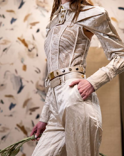 Beige Ostrich Shin Studded Belt