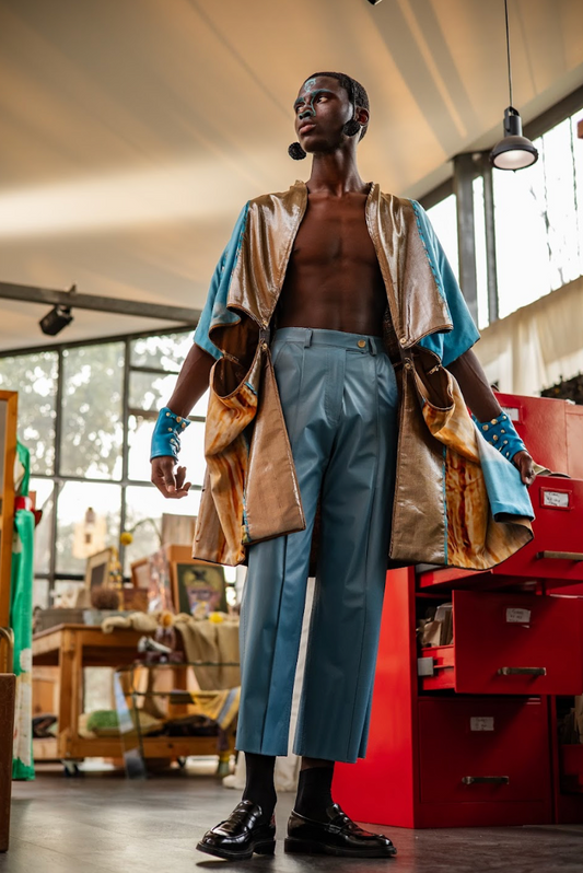 PURE NAPA LEATHER STRAIGHT CUT PANTS IN RETRO BLUE