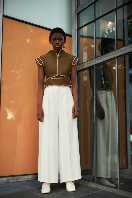 Ecru Reclaimed Raw Rough Silk Trapeze Pants with Ostrich Shin details