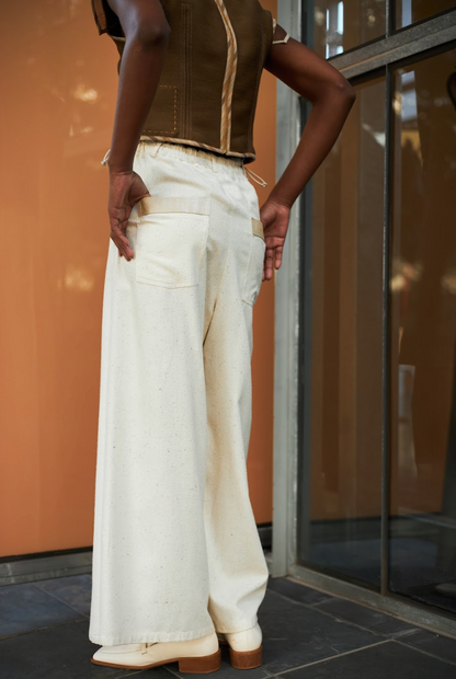 Ecru Reclaimed Raw Rough Silk Trapeze Pants with Ostrich Shin details
