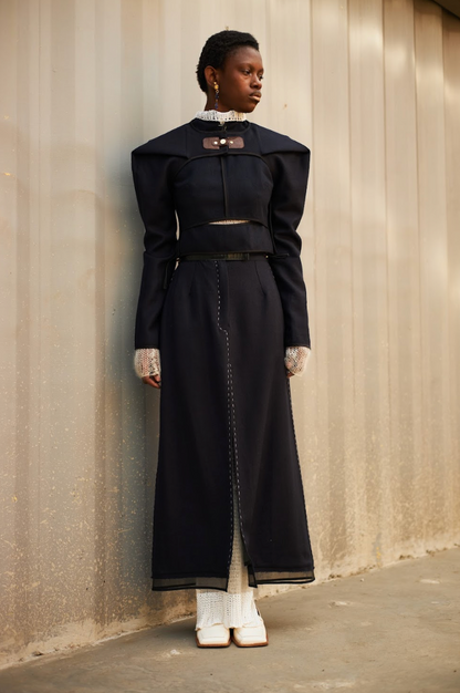 Blueberry Long Tube Skirt in Melton Wool with Ostrich Shin Detail