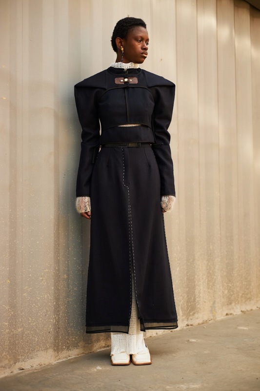 Blueberry Long Tube Skirt in Melton Wool with Ostrich Shin Detail