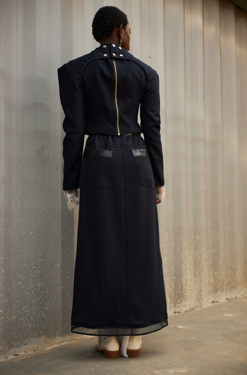 Blueberry Long Tube Skirt in Melton Wool with Ostrich Shin Detail