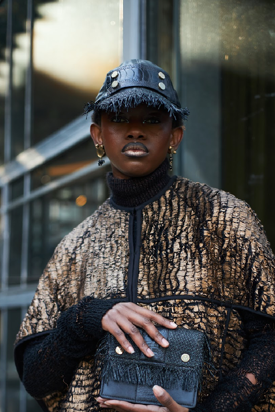 Black Napa Leather and Black Vintage Raffia Cap