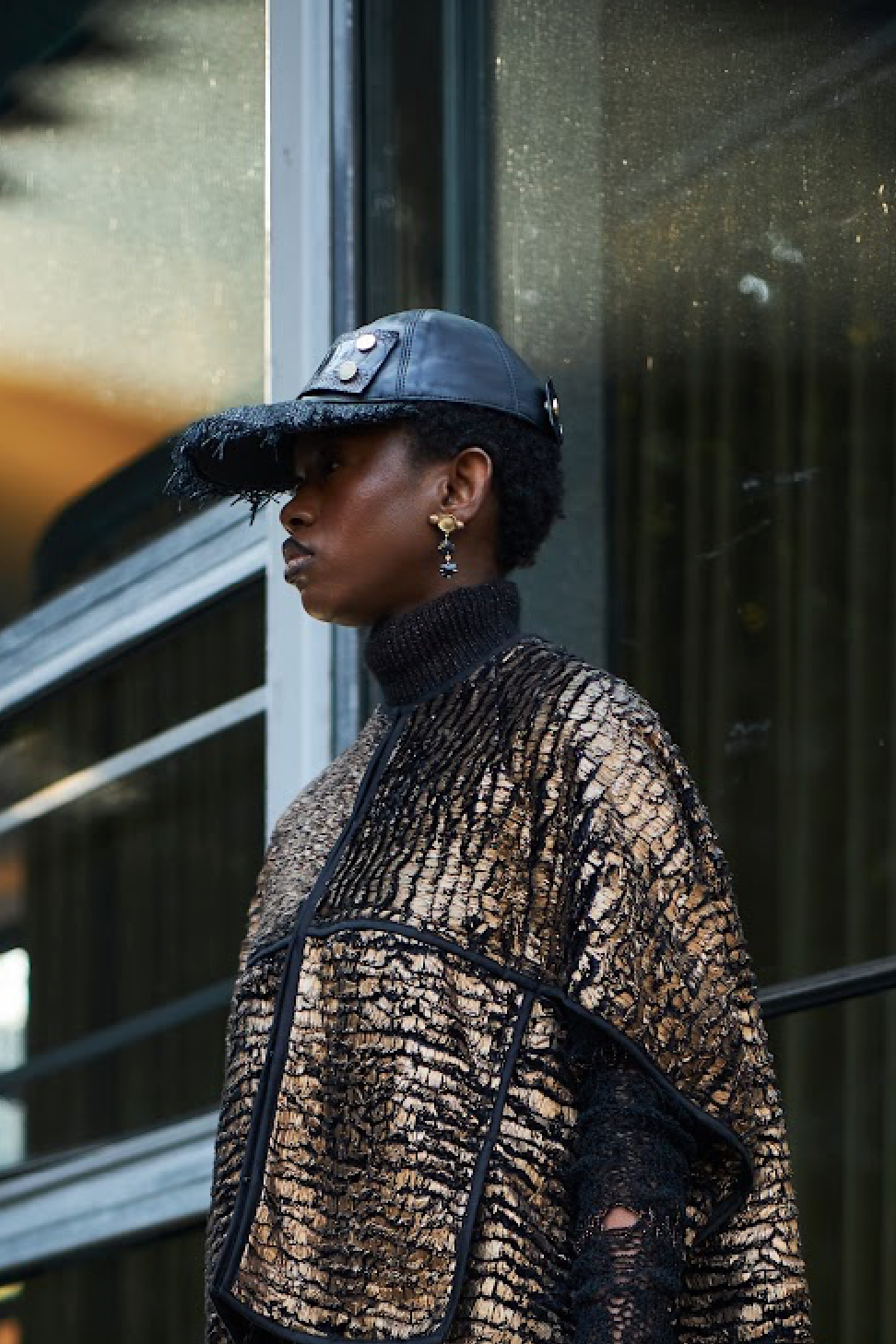 Black Napa Leather and Black Vintage Raffia Cap