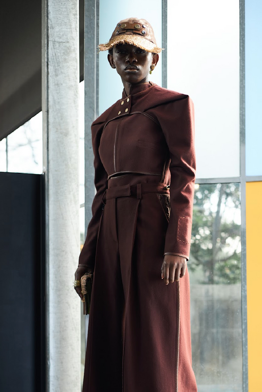 Brown Shimmer Leather and Raffia Cap with Ostrich Shin Tabs