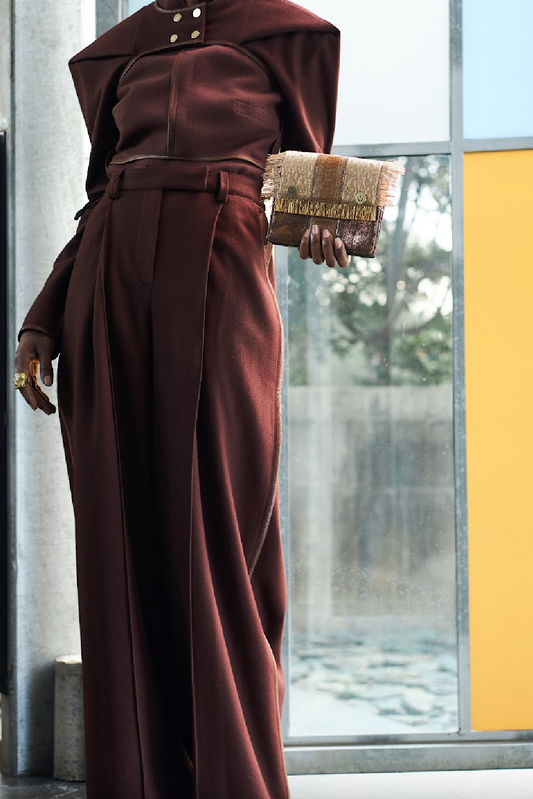 Brown Shimmer Leather and Raffia Belt Bag with Ostrich Shin Tabs