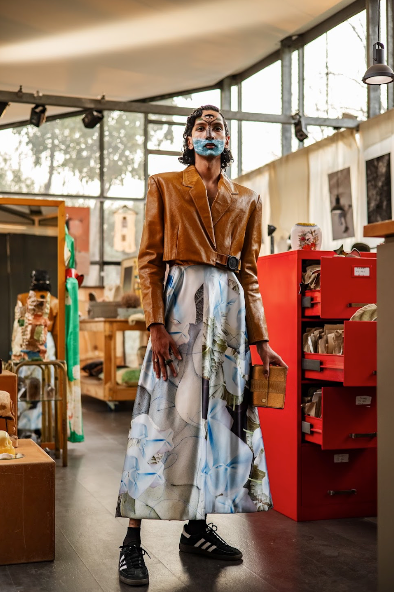 Reclaimed Car Leather Cropped Double Breasted Jacket with Ostrich Shin Collar and Strap