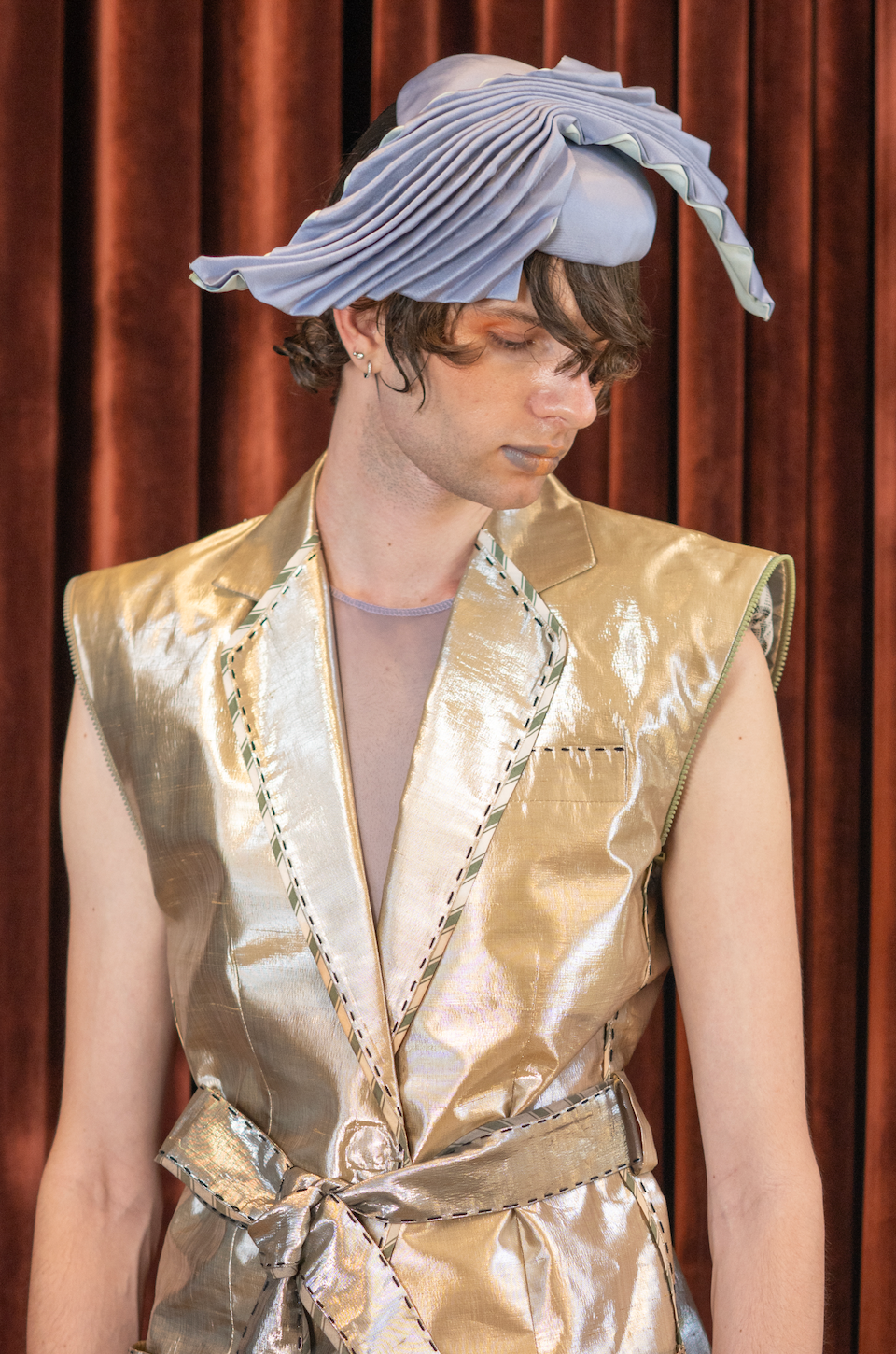 Botanical Dyed Radiating Jewel Tailored Jacket with Detachable Sleeves in Silk Lamé