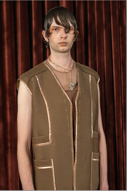 Mocha Brown V-Neck Gilet  in Wool Twill