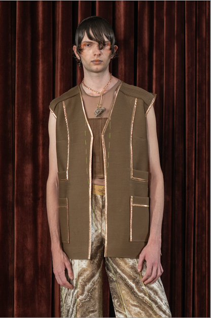 Mocha Brown V-Neck Gilet  in Wool Twill