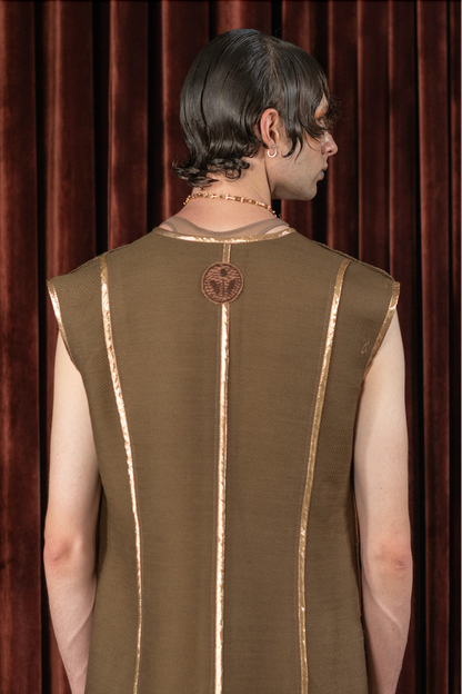 Mocha Brown V-Neck Gilet  in Wool Twill