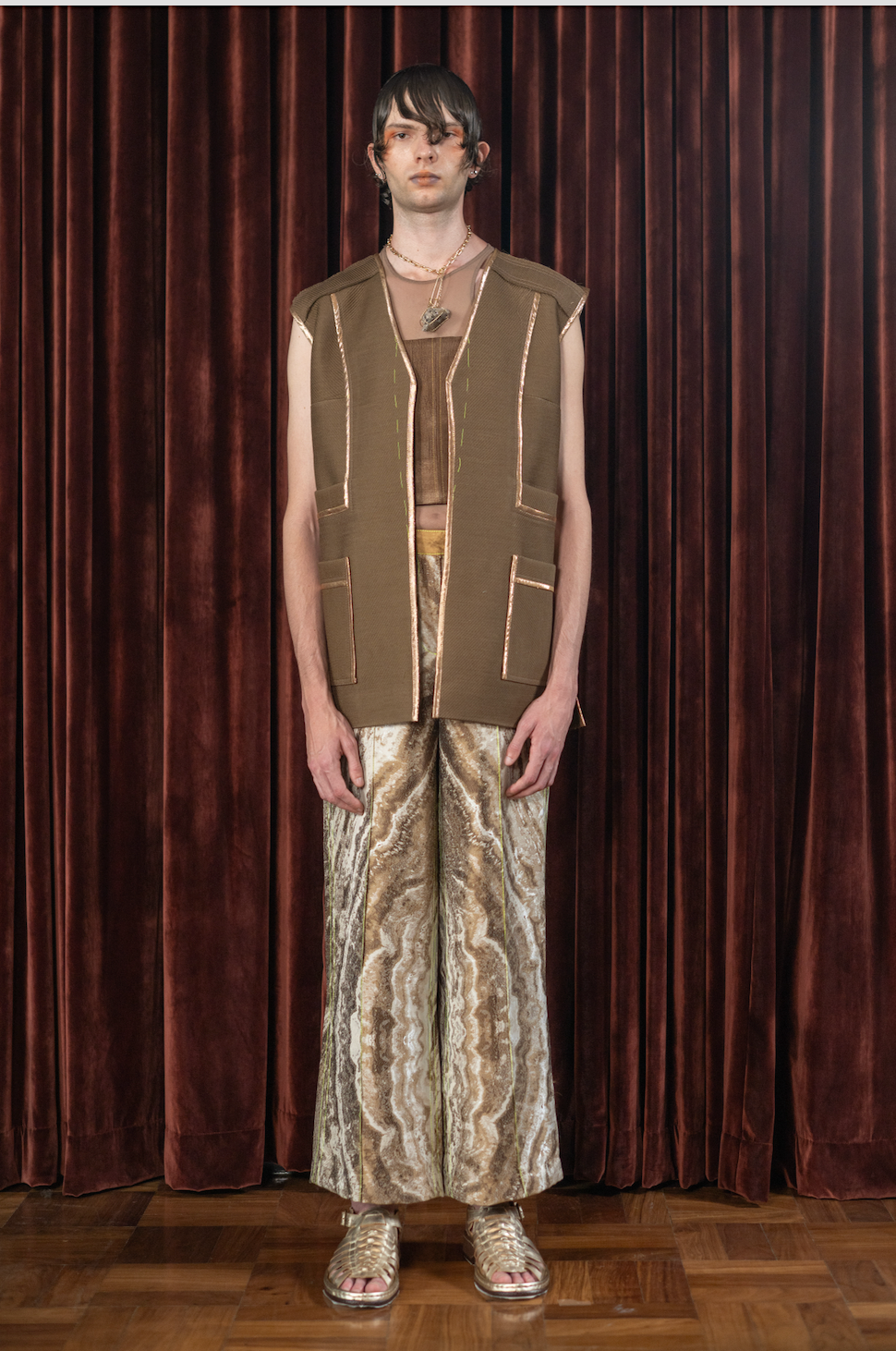 Mocha Brown V-Neck Gilet  in Wool Twill