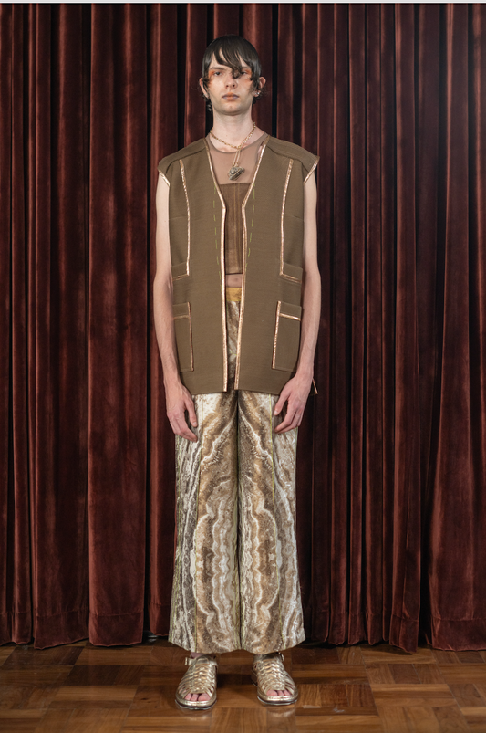 Mocha Brown V-Neck Gilet  in Wool Twill