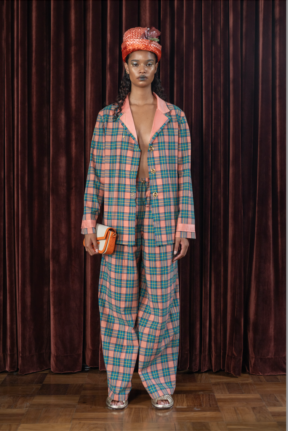 Peach Boxelder Straight Cut Pants in Couture Checked Cotton