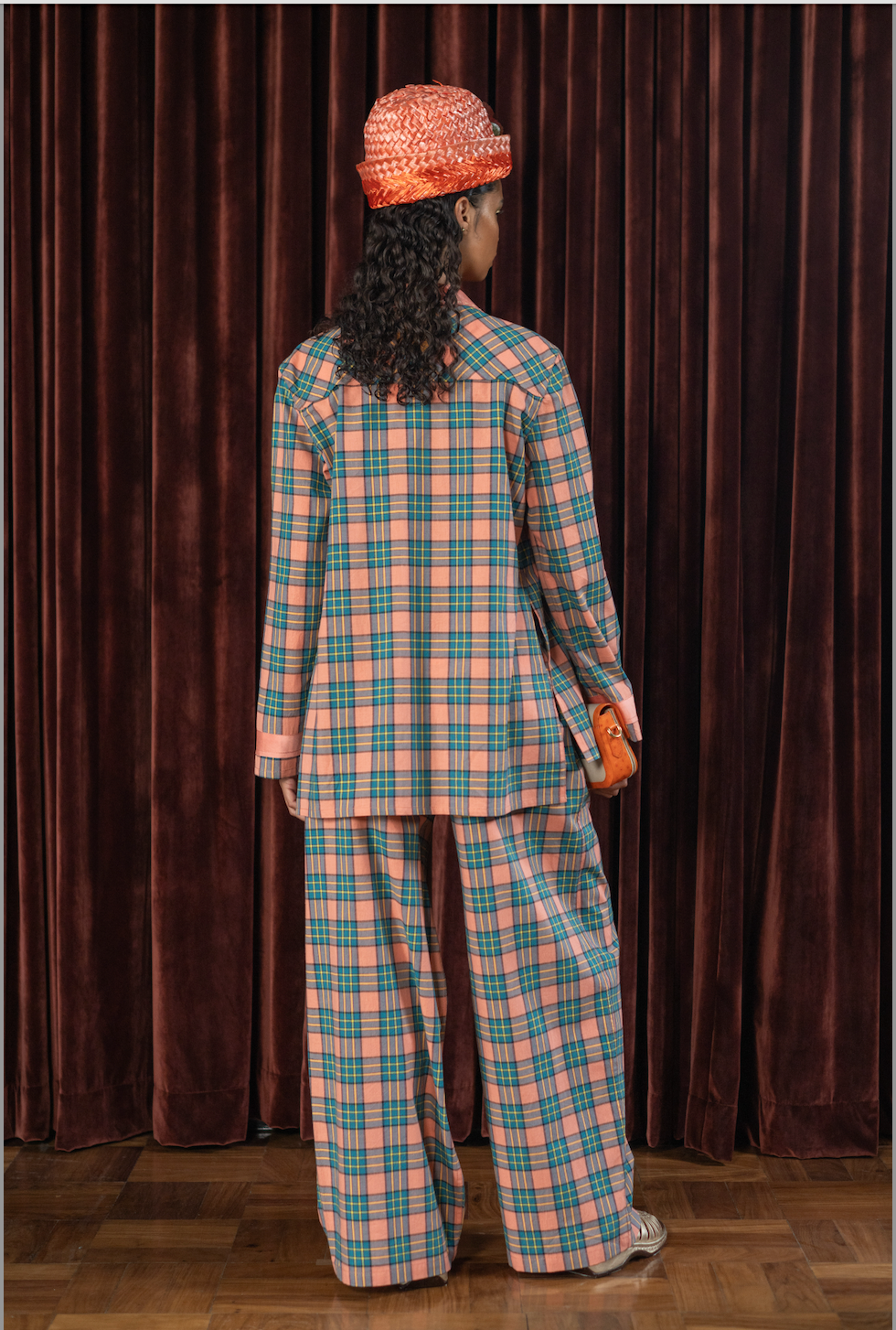 Peach Boxelder Straight Cut Pants in Couture Checked Cotton