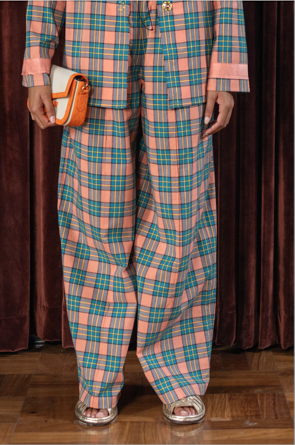 Peach Boxelder Straight Cut Pants in Couture Checked Cotton