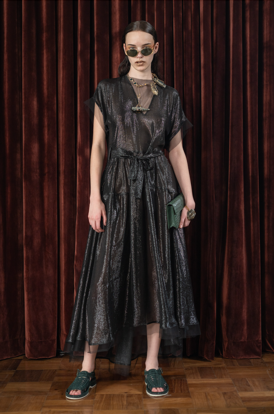 Darkling V-Neck Maxi Dress in Couture Metallic Silk Chiffon