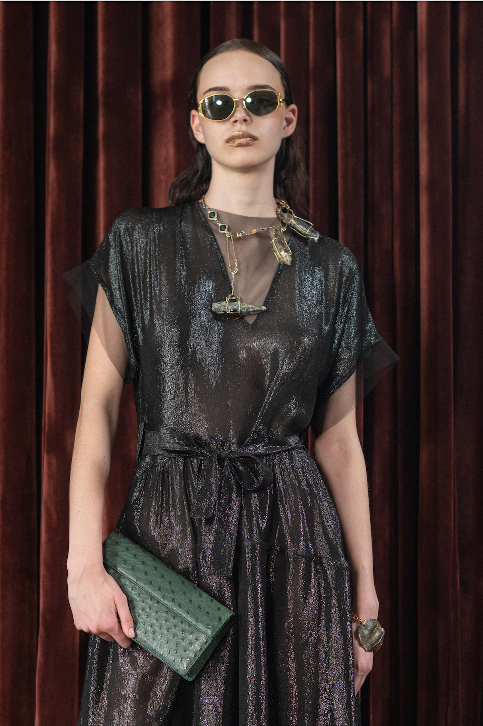 Darkling V-Neck Maxi Dress in Couture Metallic Silk Chiffon