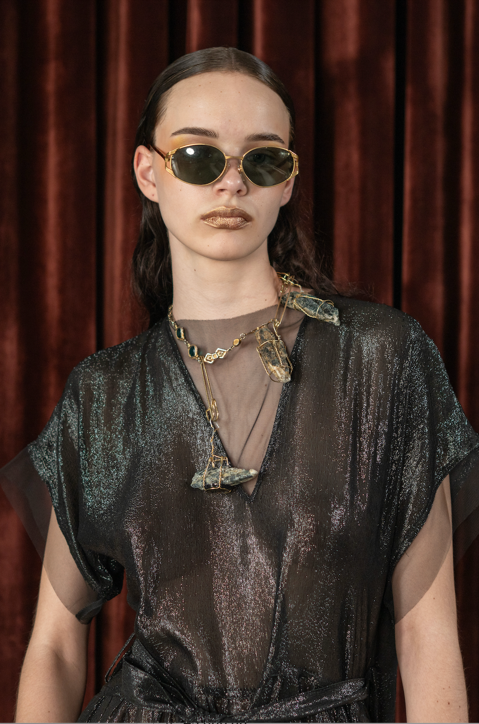 Darkling V-Neck Maxi Dress in Couture Metallic Silk Chiffon