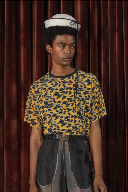 Leopard Boat Neck T-shirt in Stretch Mesh