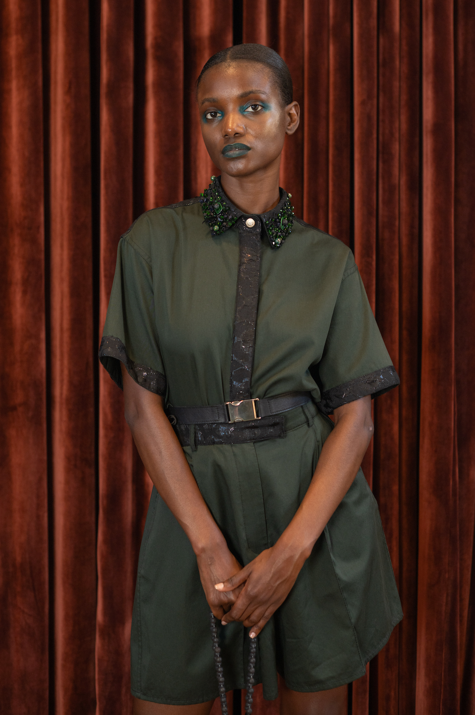 Emerald Gemstone Beaded Cropped Shirt in Egyptian Cotton