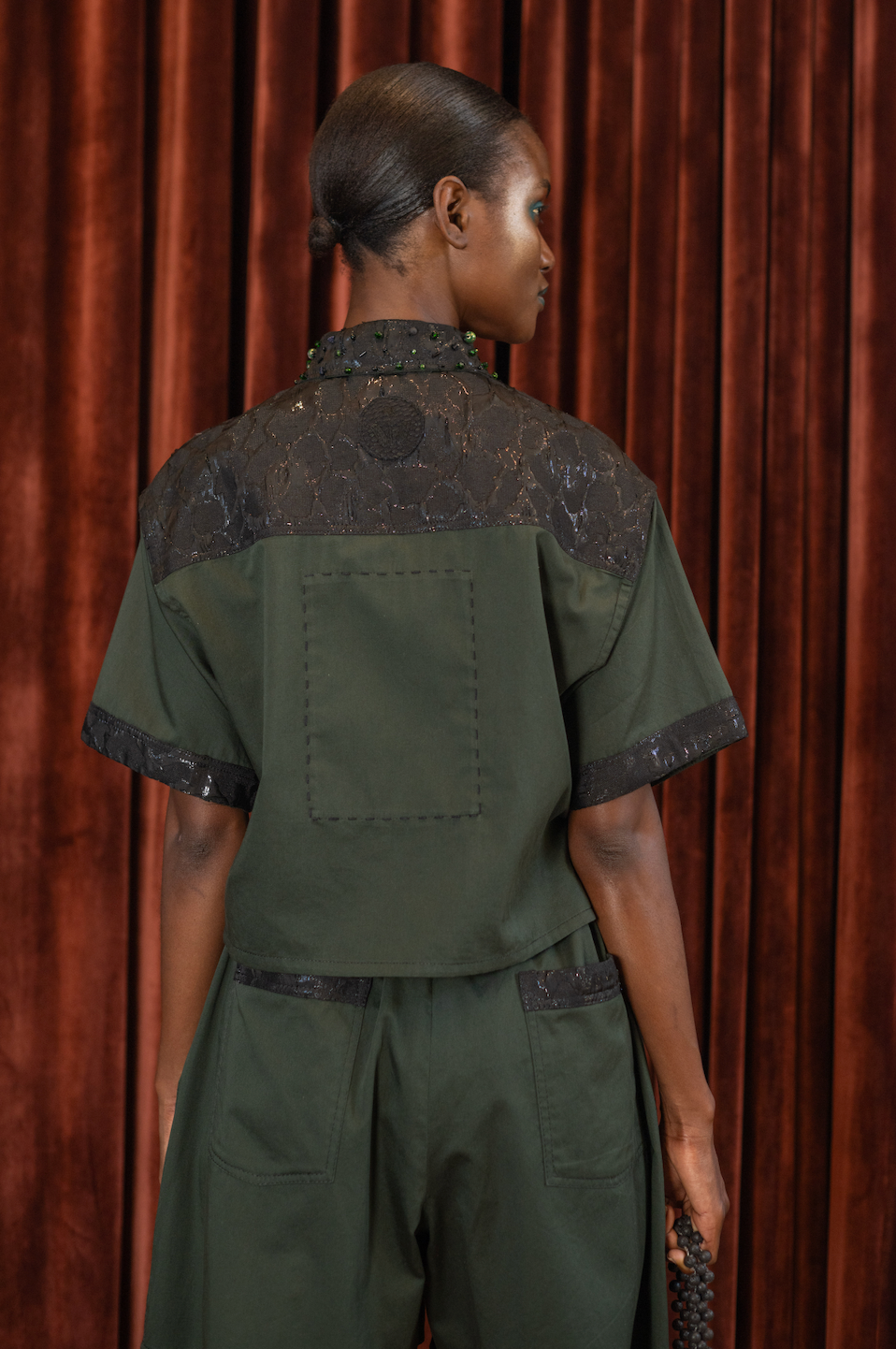 Emerald Gemstone Beaded Cropped Shirt in Egyptian Cotton