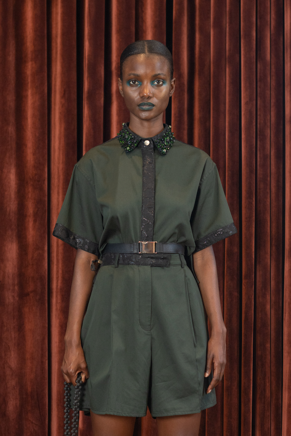 Emerald Gemstone Beaded Cropped Shirt in Egyptian Cotton