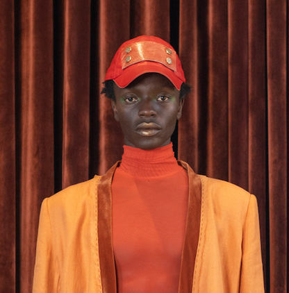 Red Napa Leather Cap with Ostrich Shin Detail