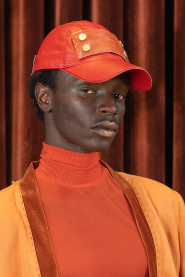 Red Napa Leather Cap with Ostrich Shin Detail