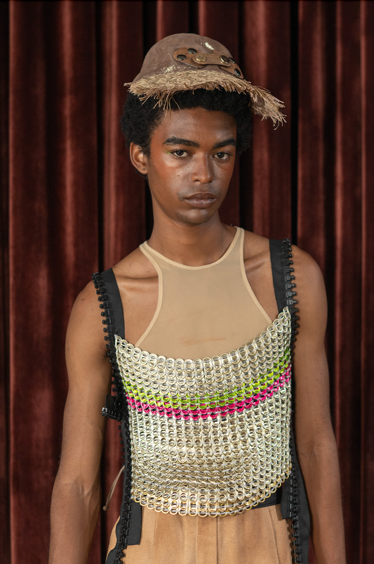 Brown Shimmer Leather and Raffia Cap with Ostrich Shin Tabs