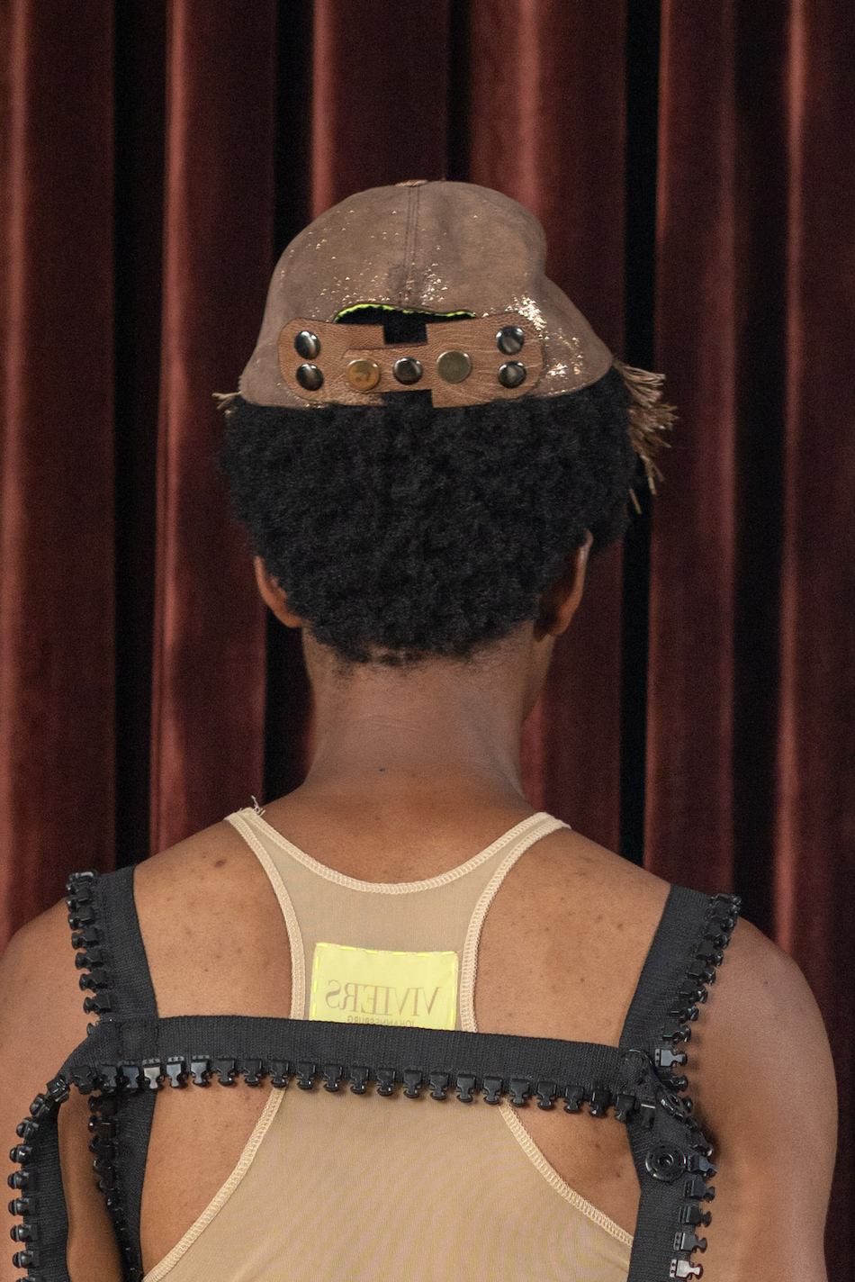 Brown Shimmer Leather and Raffia Cap with Ostrich Shin Tabs