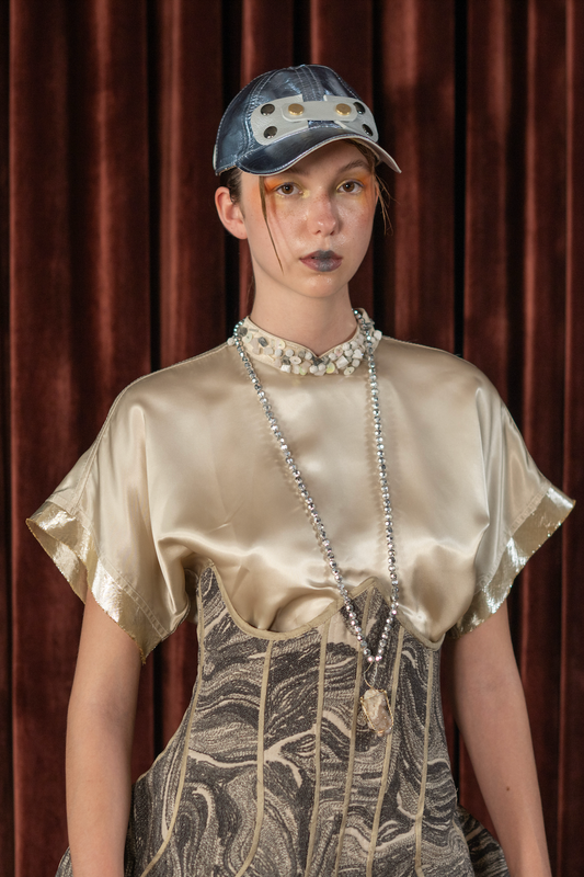 Champagne Qipao Top in Reclaimed Acetate Satin with Beaded Collar