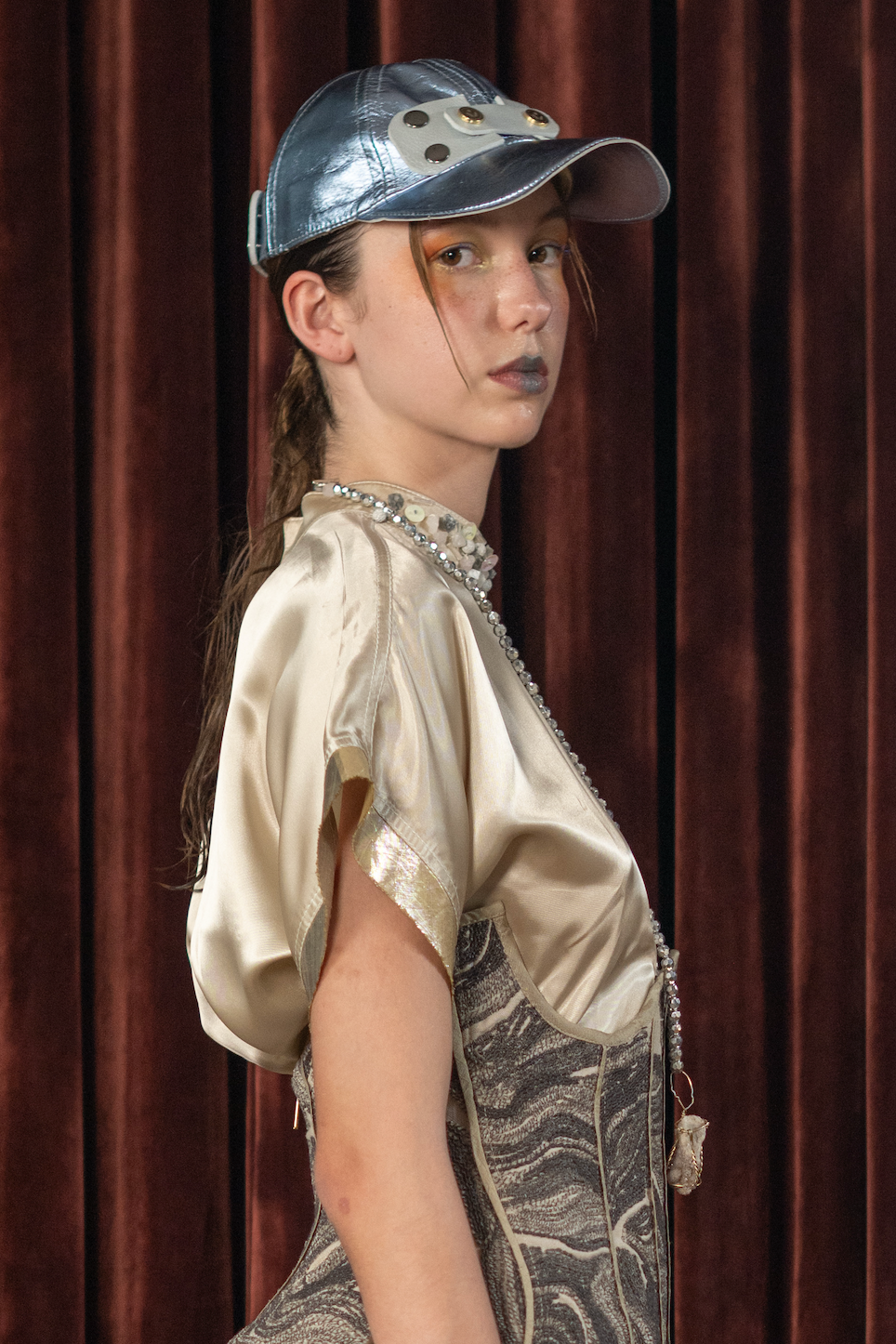 Champagne Qipao Top in Reclaimed Acetate Satin with Beaded Collar