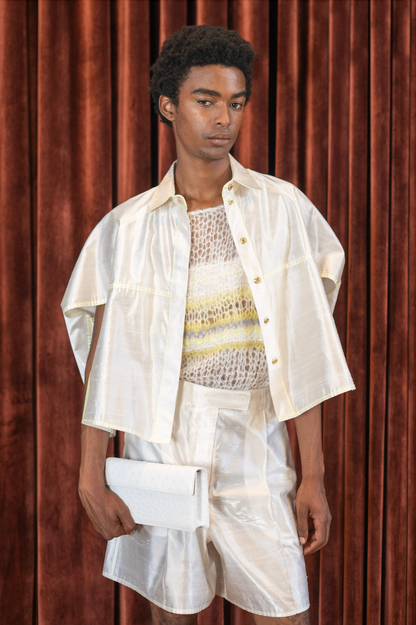 Vintage Reclaimed Off White Silk Lamé Cropped Cocoon Shirt with Lumo Stitching