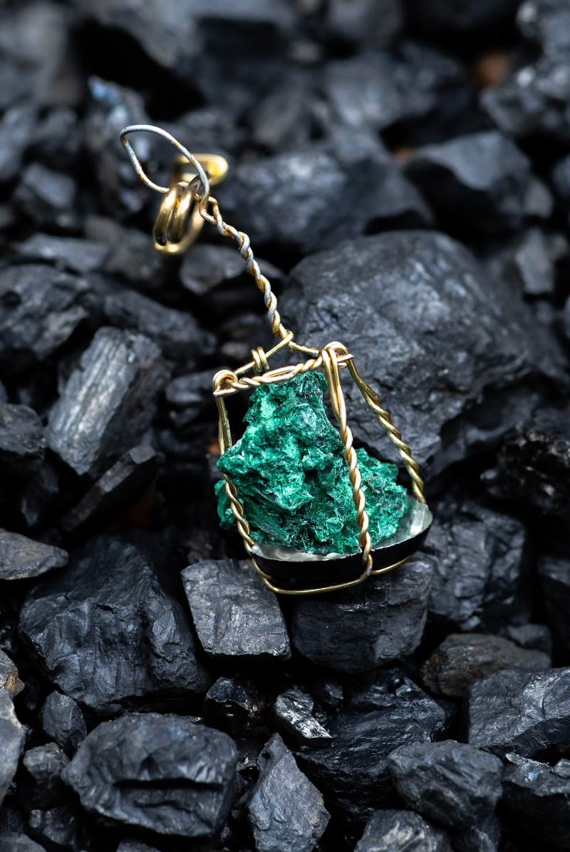 Malachite Crystal Pendant in a Cork Cage