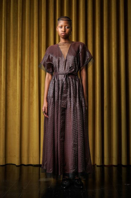 Choc Flake V-Neck Maxi Dress in Silk Lamé Blend