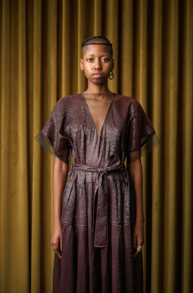Choc Flake V-Neck Maxi Dress in Silk Lamé Blend