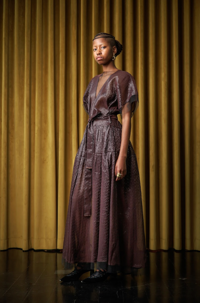 Choc Flake V-Neck Maxi Dress in Silk Lamé Blend