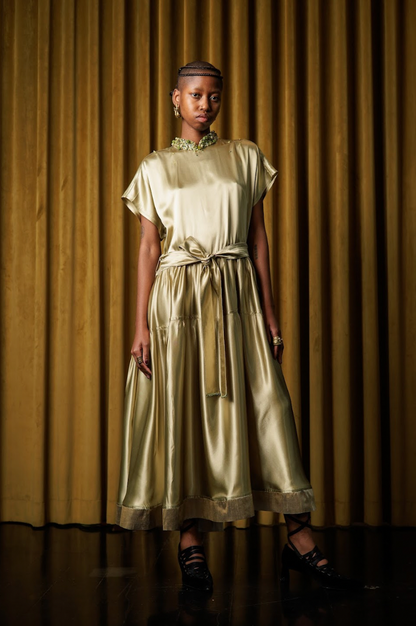 Reclaimed Green Moss Acetate Satin Signature Qipao Maxi Dress with Beaded Collar