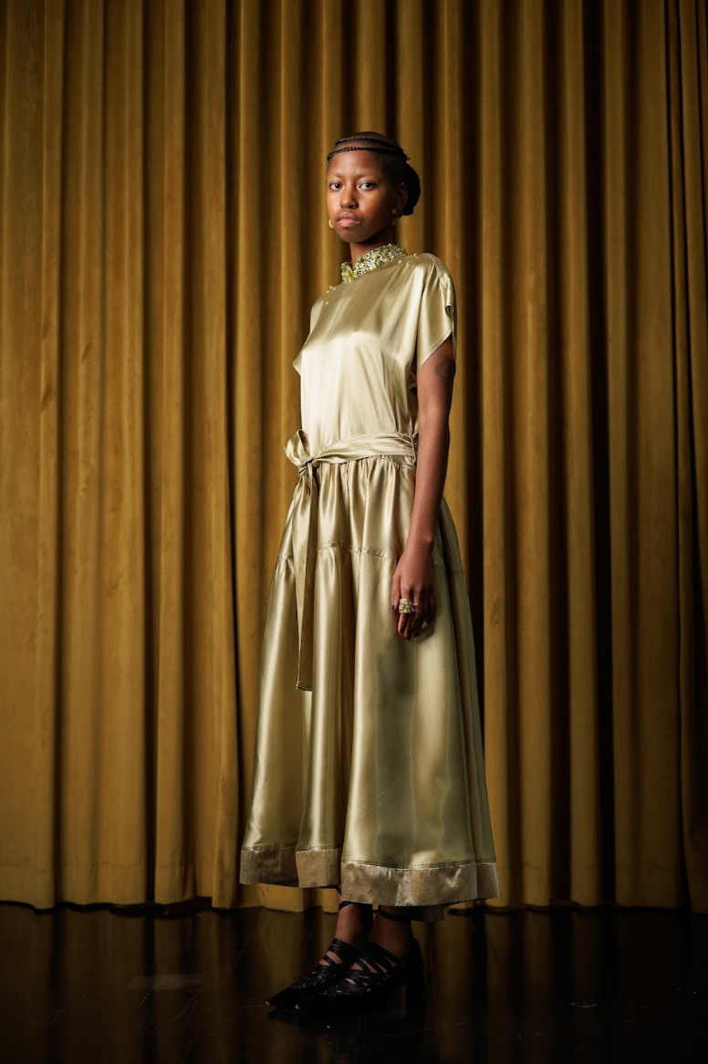 Reclaimed Green Moss Acetate Satin Signature Qipao Maxi Dress with Beaded Collar