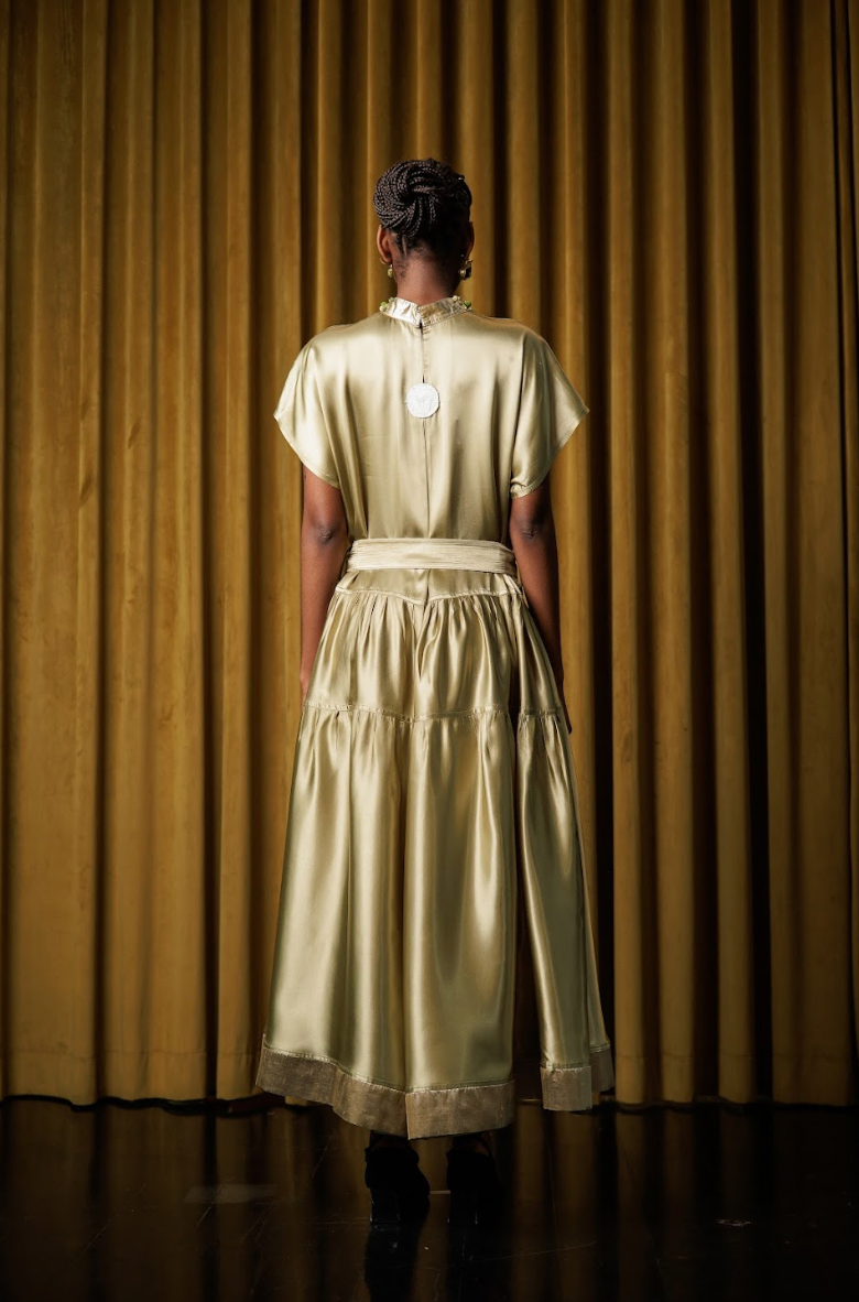 Reclaimed Green Moss Acetate Satin Signature Qipao Maxi Dress with Beaded Collar