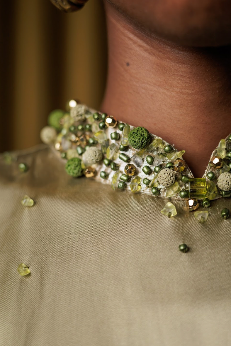 Reclaimed Green Moss Acetate Satin Signature Qipao Maxi Dress with Beaded Collar