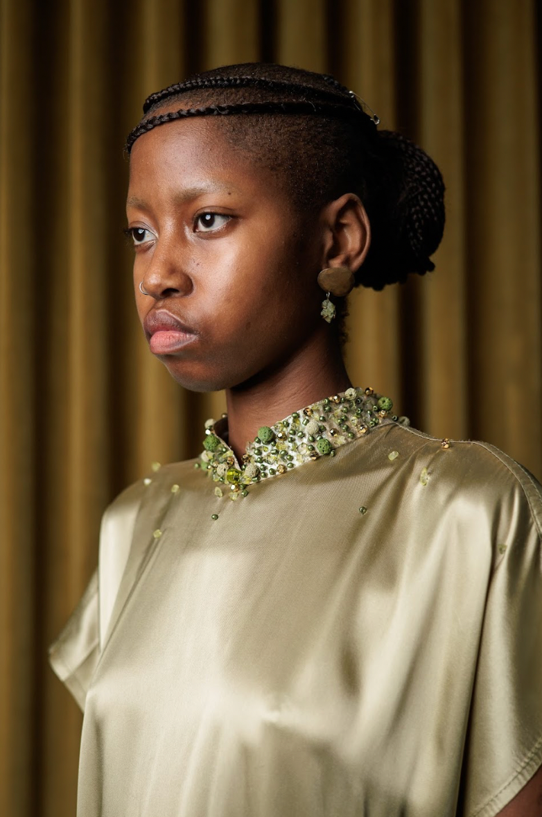 Reclaimed Green Moss Acetate Satin Signature Qipao Maxi Dress with Beaded Collar