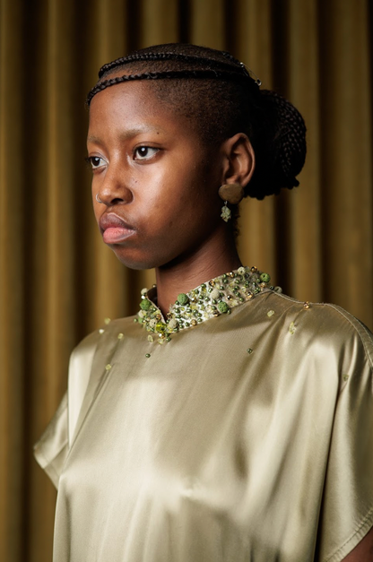 Reclaimed Green Moss Acetate Satin Signature Qipao Maxi Dress with Beaded Collar