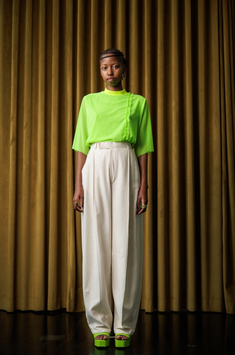 Lumo Green Stretch Mesh T-Shirt with Acid Yellow and Ruffle Details