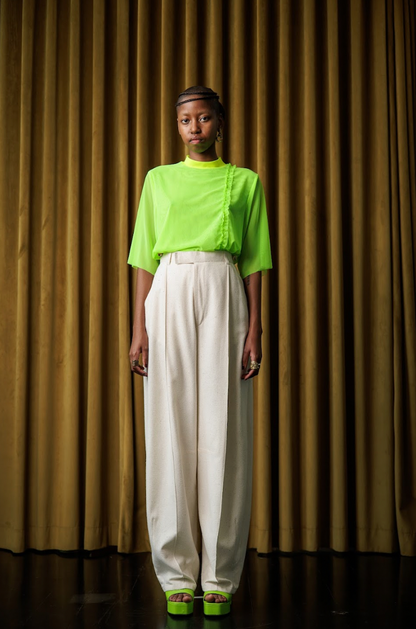 Lumo Green Stretch Mesh T-Shirt with Acid Yellow and Ruffle Details