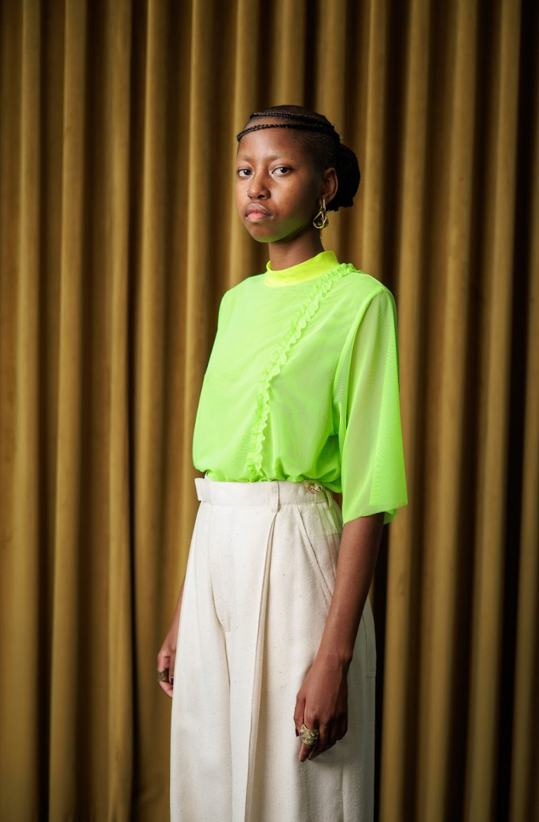 Lumo Green Stretch Mesh T-Shirt with Acid Yellow and Ruffle Details