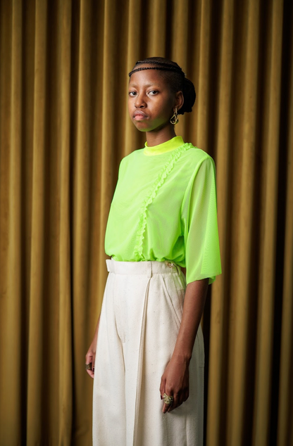 Lumo Green Stretch Mesh T-Shirt with Acid Yellow and Ruffle Details